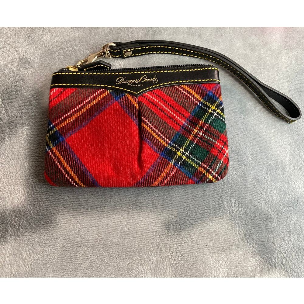 Dooney & Bourke Wristlet Red Tartan Plaid Fabric Leather Small Holiday EUC